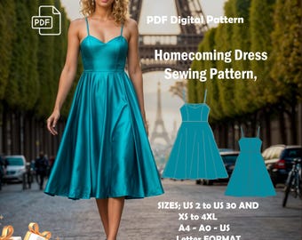 Puede incluir: Patrón de costura digital PDF para un vestido midi fruncido. El patrón incluye tallas US 2 a 30 y XS a 4XL. El patrón está disponible en formato A4, A0 y Carta.