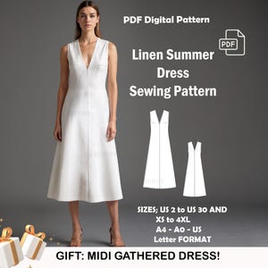 Könnte beinhalten: Eine Frau trägt ein weißes Midi-Kleid aus Leinen mit V-Ausschnitt. Das Bild enthält ein PDF-Digitalmuster für ein Sommerkleid mit den Größen US 2 bis 30 und XS bis 4XL. Das Muster ist für die Formate A4, Ao und US Letter. Der Text lautet "Linen Summer Dress Sewing Pattern."
