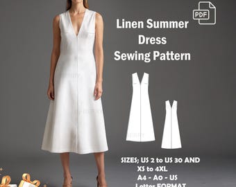Linen Summer Dress Sewing Pattern: V-Neck Tea Length Sundress (PDF Pattern, US 2-30)