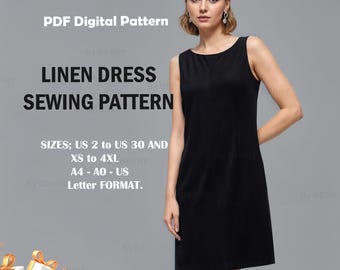 Puede incluir: Patrón de costura digital PDF para un vestido de lino. El patrón incluye las tallas US 2 a 30 y XS a 4XL. El patrón está disponible en formato A4, A0 y US Letter. La imagen muestra un vestido negro sin mangas en una modelo. El texto "GIFT: MINI SKIRT PATTERN!" está en la parte inferior de la imagen.