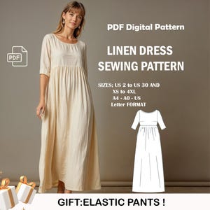 Modello di cucito per abito lungo in lino / Abito da lattaia / Modello di abito estivo / Modello PDF facile / Taglie USA 2-30 / Modello per taglie forti