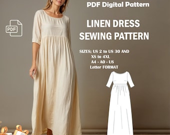 Long Linen Milkmaid Dress Sewing Pattern: US Sizes 2-30 (PDF Pattern)