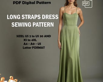 Puede incluir: Un patrón de costura PDF para un vestido de tirantes largos. El patrón incluye las tallas de la 2 a la 30 y de la XS a la 4XL. El patrón está disponible en formato A4, A0 y Carta. La imagen muestra a una modelo con un vestido verde. El texto "GIFT: MIDI GATHERED DRESS!" está en la parte inferior de la imagen.