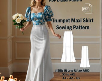 Trumpet Maxi Skirt Sewing Pattern | Maxi Skirt Pattern | Prom Skirt | Beginner Sewing Pattern  Pattern | US Sizes 2-30 | Plus Size Pattern