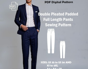 Puede incluir: Patrón de costura PDF para pantalones largos con doble pliegue acolchado. El patrón incluye las tallas US 35 a 56 y XS a 4XL. El patrón está disponible en formato A4, A0 y US Letter.