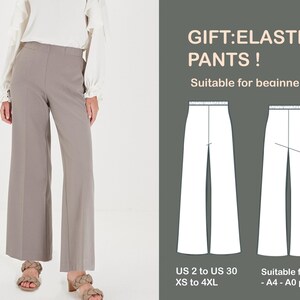 Puede incluir: Un patr&oacute;n de costura para pantalones el&aacute;sticos. El patr&oacute;n es adecuado para las tallas espa&ntilde;olas 34 a 48 y XS a 4XL. El patr&oacute;n es adecuado para imprimir en papel A4 o A0. El texto "GIFT: ELASTIC PANTS! Suitable for beginners!" est&aacute; incluido en la imagen.