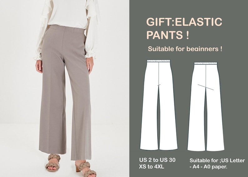 Puede incluir: Un patr&oacute;n de costura para pantalones el&aacute;sticos. El patr&oacute;n es adecuado para las tallas espa&ntilde;olas 34 a 48 y XS a 4XL. El patr&oacute;n es adecuado para imprimir en papel A4 o A0. El texto "GIFT: ELASTIC PANTS! Suitable for beginners!" est&aacute; incluido en la imagen.