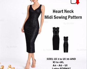 Heart Neck Midi Sewing Pattern: Cottagecore Renaissance Style US Sizes 2-30 (PDF)
