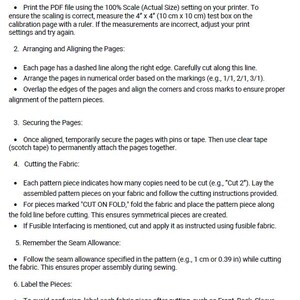 May include: A guide on how to assemble and prepare a fabric pattern for cutting. The steps include printing, arranging, securing, cutting, and labeling the pattern pieces.