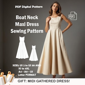 May include: PDF sewing pattern for a boat neck maxi dress. The pattern includes sizes US 2 to 30 and XS to 4XL. The pattern is available in A4, A0, and US Letter format. The pattern includes a free midi gathered dress pattern.
