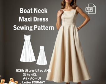 Boat Neck Maxi Dress Sewing Pattern: Princess Seam, Full Skirt (Digital PDF)