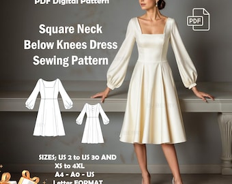 Square Neck Midi Dress Sewing Pattern | Babydoll, Milkmaid Style (PDF Pattern)