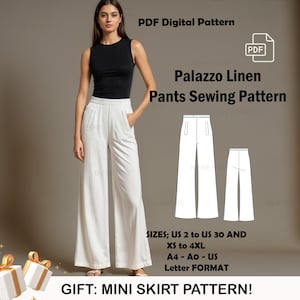 Palazzo Linen Pants Sewing Pattern | Summer Pants Pattern | Elastic Waist Pants | Wide Leg Pants | US Sizes 2-30 | Plus Size Pattern