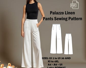 Palazzo Linen Pants Sewing Pattern: Wide Leg, US 2-30 (PDF Pattern)
