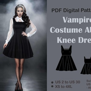 Könnte beinhalten: PDF-Digitalmuster für ein Vampirkostüm-Kleid über dem Knie. Das Muster ist für die Papierformate US Letter oder A0 geeignet. Das Muster umfasst die Größen US 2 bis US 30 und XS bis 4XL.
