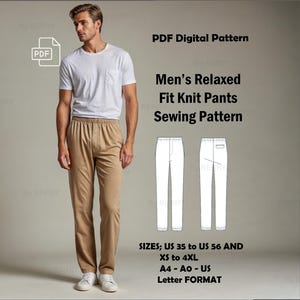 Puede incluir: Patrón de costura digital PDF para pantalones de punto de ajuste relajado. El patrón incluye las tallas US 35 a 56 y XS a 4XL. El patrón está disponible en formato A4, A0 y US Letter.