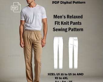 Puede incluir: Patrón de costura digital PDF para pantalones de punto de ajuste relajado. El patrón incluye las tallas US 35 a 56 y XS a 4XL. El patrón está disponible en formato A4, A0 y US Letter.