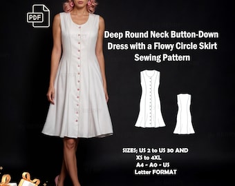 Puede incluir: Un vestido blanco sin mangas con cuello redondo y cierre de botones en la parte delantera. El vestido tiene una falda circular fluida. La imagen incluye un patrón de costura para el vestido en tallas US 2 a 30 y XS a 4XL. El texto "GIFT: ELASTIC PANTS!" está en la parte inferior de la imagen.