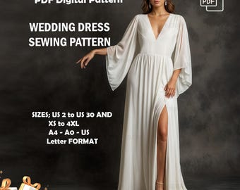 Brautkleid mit ausgestellten Ärmeln Schnittmuster: Maxi Abendkleid (US 2-30) (Digital Download)