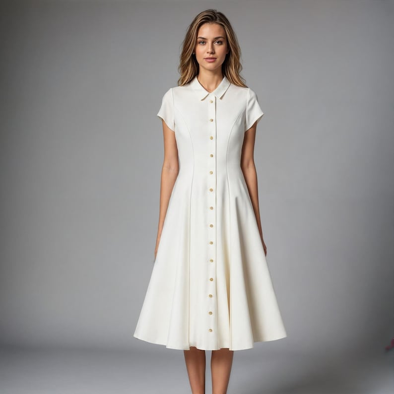 May include: A white button-down dress with short sleeves and a flared skirt. The dress has a collared neckline and a row of gold buttons down the front.