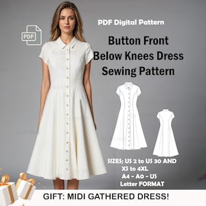 Modello di cucito per abito con bottoni / Modello di abito svasato Cottagecore / Abito da sera / Taglie USA 2-30 Taglie UE XS-4XL Opzioni taglie forti