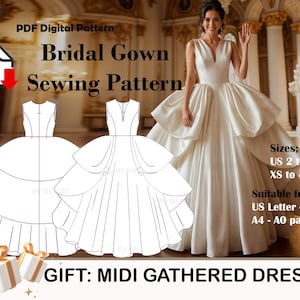 Puede incluir: Un patrón de costura digital para un vestido de novia con una falda de capas. El patrón está disponible en las tallas US 2 a US 30 y XS a 4XL. El patrón es adecuado para papel US Letter, A4 y A0. La imagen también incluye el texto "GIFT: MIDI GATHERED DRESS!"