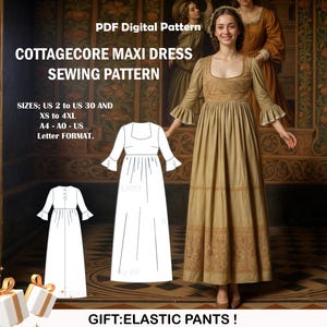 Fairy Cottagecore Maxi Dress Sewing Pattern ,Gathered Maxi Cottagecore Dress ,Fairy dress Dress PDF Pattern,US Sizes 2-30, Plus Size Pattern
