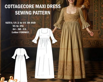 Puede incluir: Un patrón de costura digital para un vestido maxi cottagecore. El patrón incluye las tallas US 2 a 30 y XS a 4XL. El patrón está disponible en formato A4, A0 y US Letter. La imagen muestra a una mujer con un vestido maxi marrón con un corpiño blanco y un escote con volantes. El vestido tiene una falda de capas y está hecho de una tela ligera. El patrón está disponible para descargar en PDF. La imagen también incluye una superposición de texto que dice "REGALO: ¡PANTALONES ELÁSTICOS!"