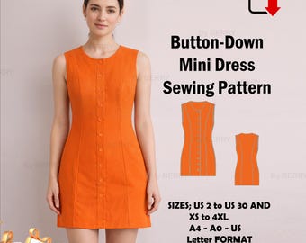 Modello di cucito per miniabito abbottonato: silhouette svasata senza maniche