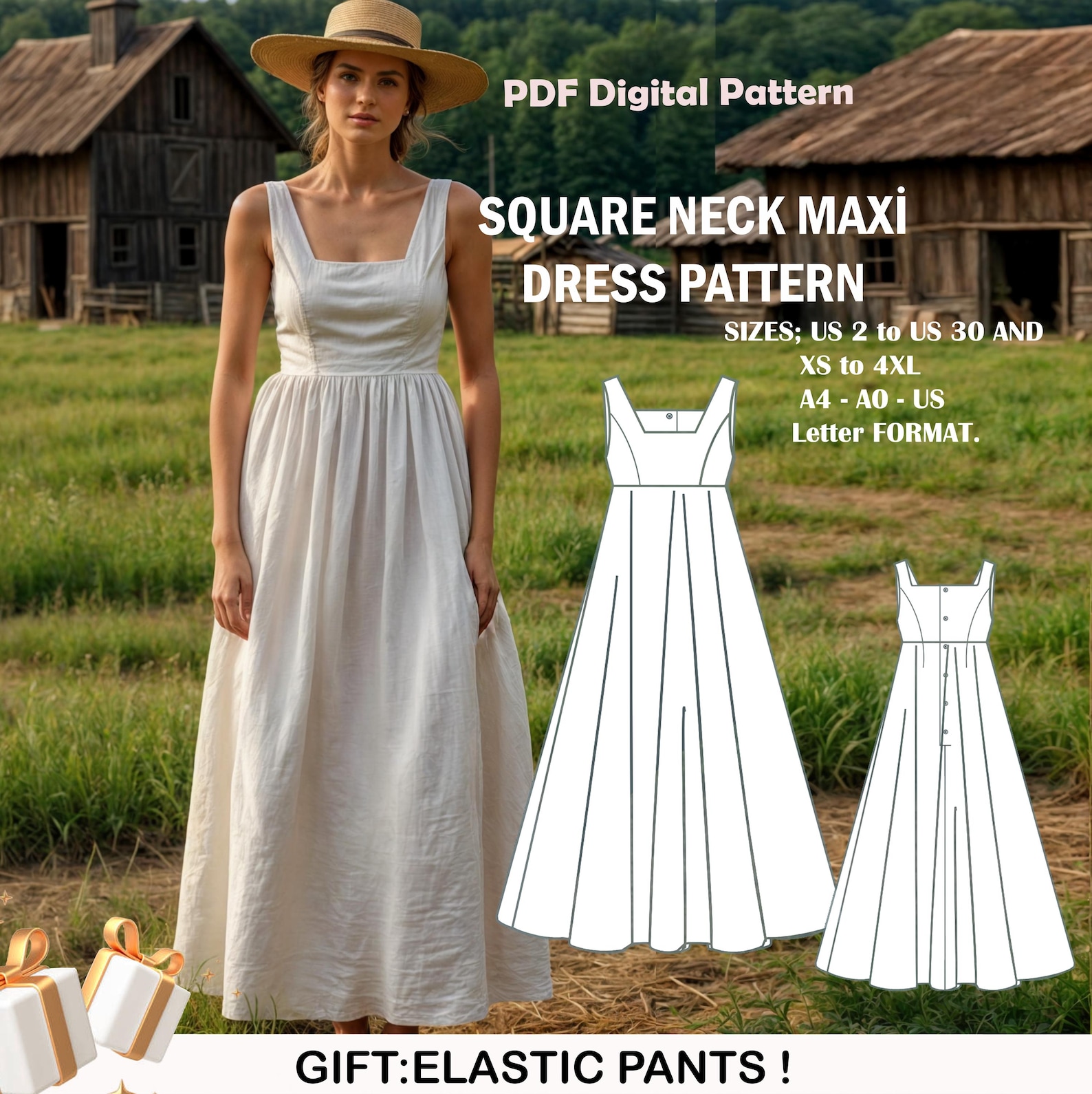 Square Neck Maxi Dress Sewing Pattern: Renaissance, Medieval (PDF ...