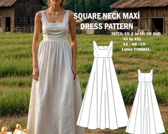Op de afbeelding: Een digitaal naaipatroon voor een maxi-jurk met vierkante hals. Het patroon omvat maten US 2 tot 30 en XS tot 4XL. Het patroon is verkrijgbaar in A4, A0 en US Letter formaat. De afbeelding bevat ook een tekstoverlay die "GIFT: ELASTIC PANTS!" zegt.