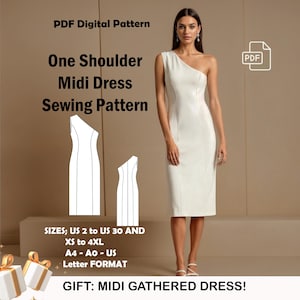 One Shoulder Midi Dress Sewing Pattern | Evening Gown  Asymmetrical Neckline Dress | US Sizes 2-30 | Plus Size Pattern