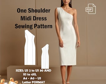One Shoulder Midi Dress Sewing Pattern: Asymmetrical Gown (US 2-30) (PDF Pattern)