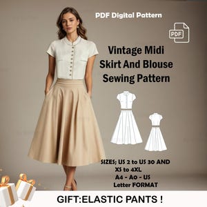 Gonna midi vintage e camicetta da cucire / Modello di gonna midi e camicetta vintage Cottagecore / Taglie USA 2-30 / Modello per taglie forti