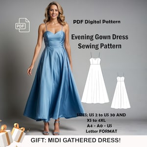 Evening Gown Sewing Pattern | Cocktail Dress,Bridesmaid Dress | Easy Sewing PDF Pattern | US Sizes 2-30 | Plus Size Pattern