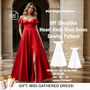 Padrão de costura de vestido de noiva ombro a ombro, padrão de costura em PDF para vestido de baile, vestido de cosplay, tamanhos dos EUA 2-30, padrão de tamanho grande