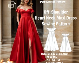 Puede incluir: Patrón de costura PDF para un vestido maxi de hombros descubiertos con escote en forma de corazón. El patrón incluye las tallas US 2 a 30 y XS a 4XL. El patrón está disponible en formato A4, A0 y US Letter. El patrón también incluye un patrón gratuito de vestido midi fruncido.