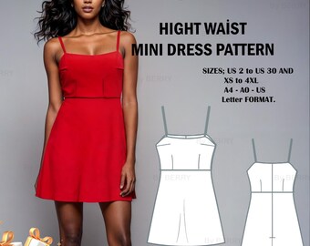 Op de afbeelding: Een digitaal naaipatroon voor een mini-jurk met hoge taille. Het patroon omvat maten 34 tot 52 en XS tot 4XL. Het patroon is verkrijgbaar in A4- en AO-formaat. De afbeelding toont ook een rode mini-jurk en een cadeau: een naaipatroon voor een midi-jurk met plooien.