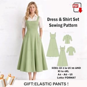 Puede incluir: Una mujer con un vestido verde claro con escote cuadrado y bolsillos, combinado con una camisa blanca. La imagen incluye un patrón de costura para un conjunto de vestido y camisa, con indicaciones de tallas y formato. El texto dice "Dress & Shirt Set Sewing Pattern".