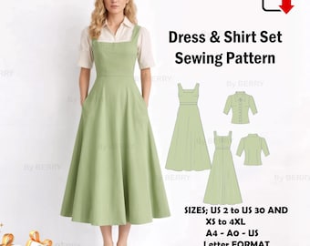 Square Neck Pinafore PDF Pattern, Dress and Shirt Set, Women Sizes 2–30