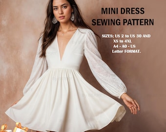 Op de afbeelding: Een wit mini-jurk naaipatroon met een V-hals en lange mouwen. Het patroon is verkrijgbaar in maten US 2 tot US 30 en XS tot 4XL. Het patroon is in A4, AO en US Letter formaat. De tekst "GIFT: ELASTIC PANTS!" staat onderaan de afbeelding.