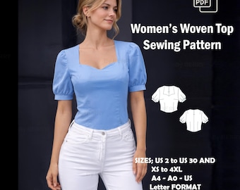 Sweetheart Neck Blouse PDF Sewing Pattern | Seamless Waist Design | Bishop Sleeves
