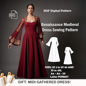 Op de afbeelding: PDF-naaipatroon voor een Renaissance-middeleeuwse jurk. Het patroon omvat maten US 2 tot 30 en XS tot 4XL. Het patroon is verkrijgbaar in A4, A0 en US Letter formaat. Het patroon bevat een midi-geplooid jurkje.