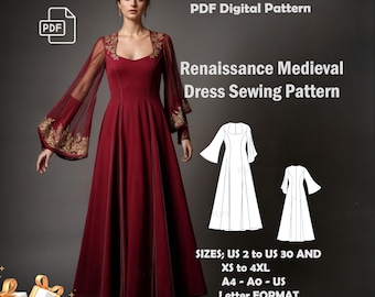 Puede incluir: Patrón de costura PDF para un vestido medieval renacentista. El patrón incluye tallas US 2 a 30 y XS a 4XL. El patrón está disponible en formato A4, A0 y US Letter. El patrón incluye un vestido midi fruncido.