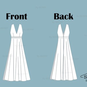 Puede incluir: Ilustraci&oacute;n de l&iacute;nea de un vestido blanco sin mangas con escote en V. El vestido se muestra de frente y de espalda. El texto "Front" y "Back" est&aacute; sobre el vestido.