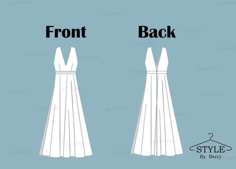 Puede incluir: Ilustraci&oacute;n de l&iacute;nea de un vestido blanco sin mangas con escote en V. El vestido se muestra de frente y de espalda. El texto "Front" y "Back" est&aacute; sobre el vestido.
