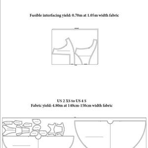 May include: Diagram showing fabric needs for a sewing project. The diagram shows the layout of fabric pieces for sizes US 2 XS to US 4 S. The fabric yield is 4.80 meters at 140-150 centimeters width. The diagram also shows the layout of fusible interfacing, which requires 0.70 meters at 1.05 meters width.