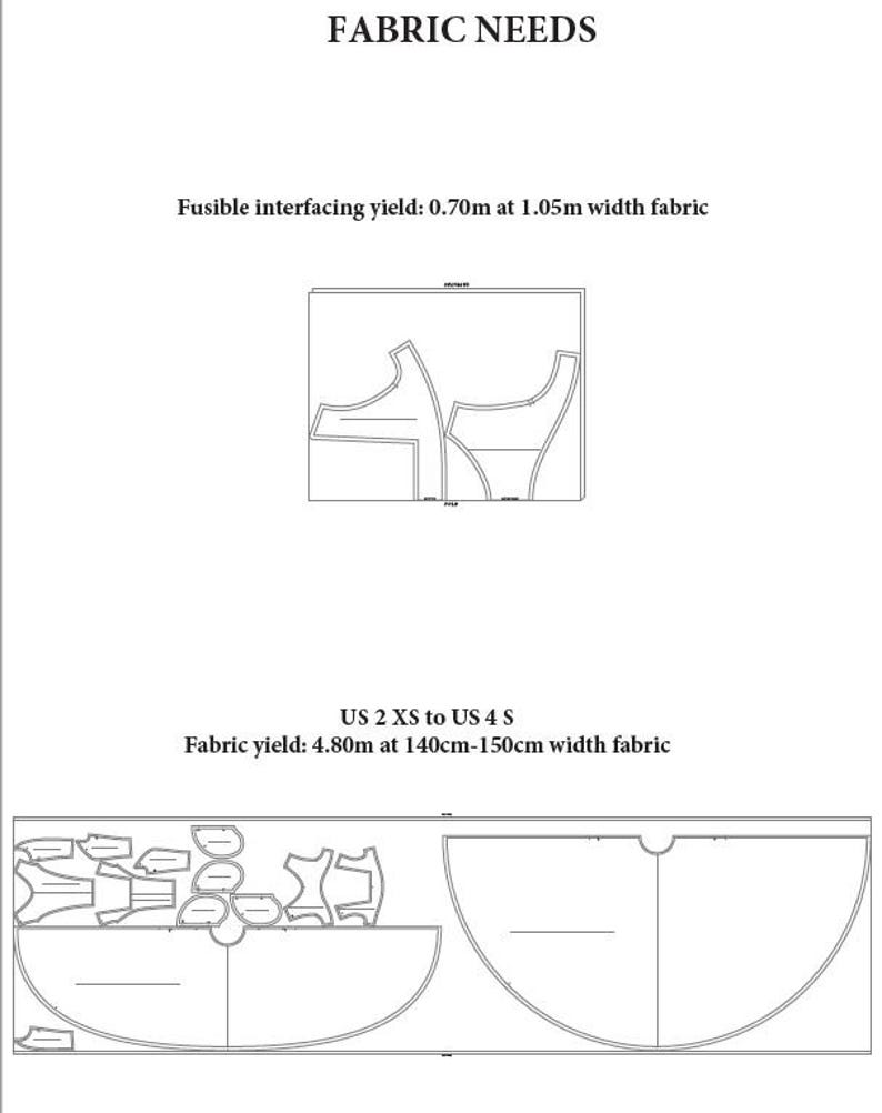 May include: Diagram showing fabric needs for a sewing project. The diagram shows the layout of fabric pieces for sizes US 2 XS to US 4 S. The fabric yield is 4.80 meters at 140-150 centimeters width. The diagram also shows the layout of fusible interfacing, which requires 0.70 meters at 1.05 meters width.