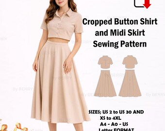 Cropped Button Shirt and Midi Skirt PDF Sewing Pattern | Two Piece Set