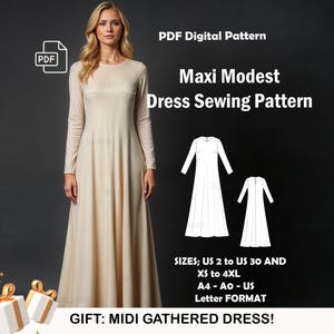 Modest Maxi Dress Sewing Pattern | Medieval Dress | Elegant Dress | Evening Gown | Long Sleeve | US Sizes 2-30 | Plus Size Pattern